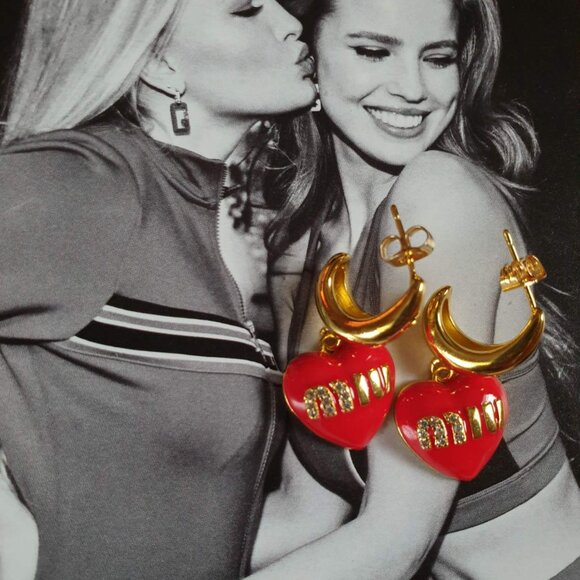 Heart Gold Miu Miu Dangle Earrings Charm Women Fashion Casual Formal Jewelry - Picture 2 of 5